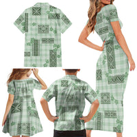 Hawaiian Quilt Tapa On Pastel Mint Palaka Motifs Family Matching Short Sleeve Bodycon Dress and Hawaiian Shirt