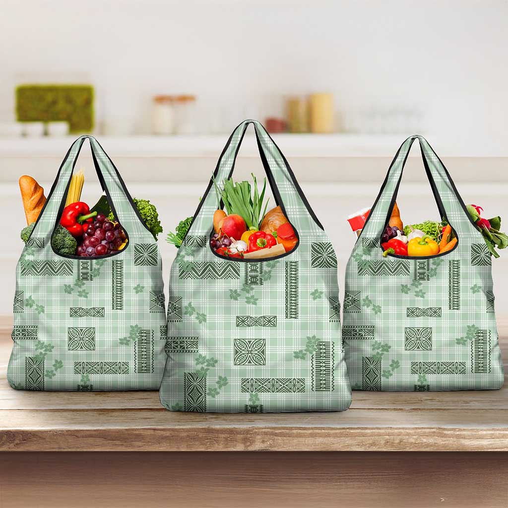 Hawaiian Quilt Tapa On Pastel Mint Palaka Motifs Grocery Bag LT7 3-pack One Size Mint - Polynesian Pride