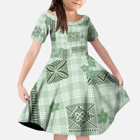 Hawaiian Quilt Tapa On Pastel Mint Palaka Motifs Kid Short Sleeve Dress LT7 KID Mint - Polynesian Pride