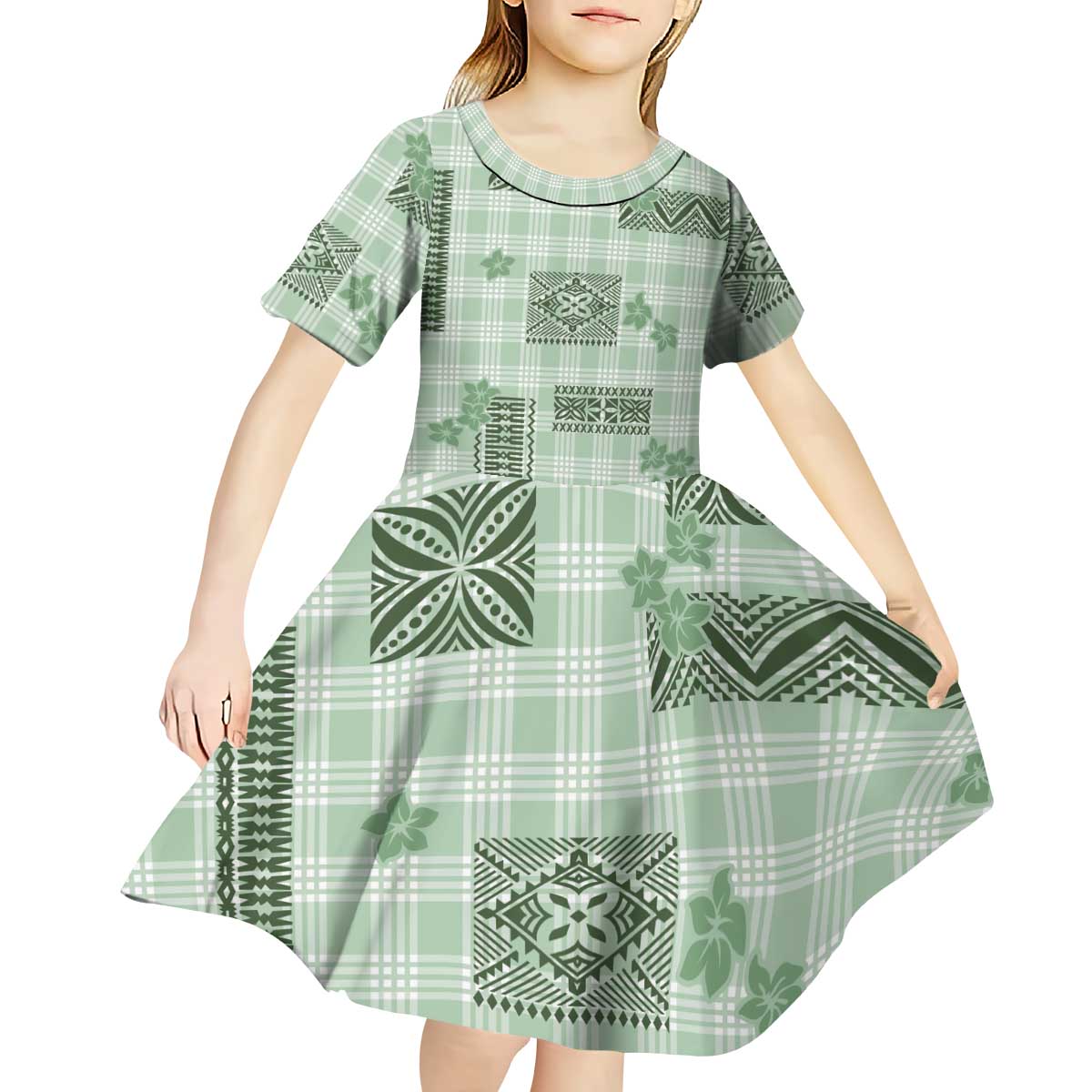 Hawaiian Quilt Tapa On Pastel Mint Palaka Motifs Kid Short Sleeve Dress LT7 - Polynesian Pride