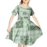Hawaiian Quilt Tapa On Pastel Mint Palaka Motifs Kid Short Sleeve Dress LT7 - Polynesian Pride