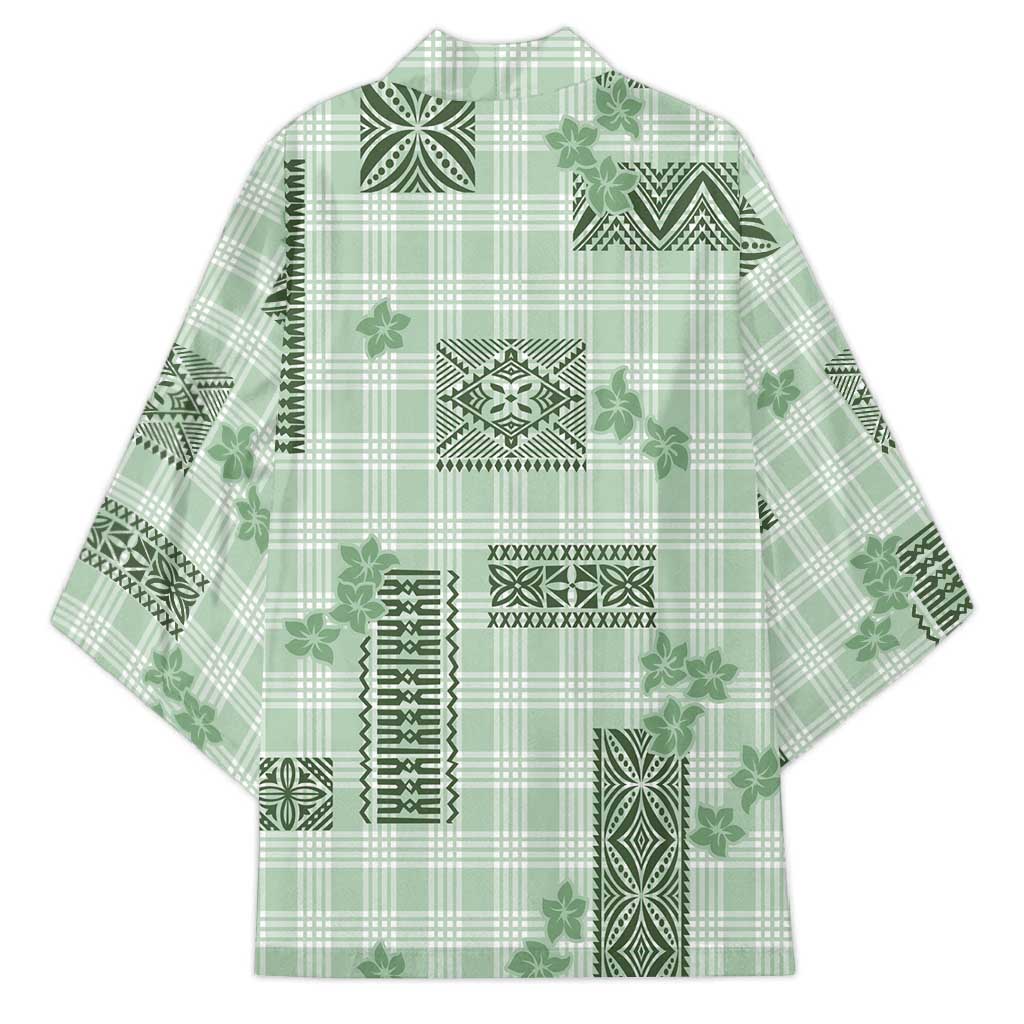 Hawaiian Quilt Tapa On Pastel Mint Palaka Motifs Kimono LT7 - Polynesian Pride