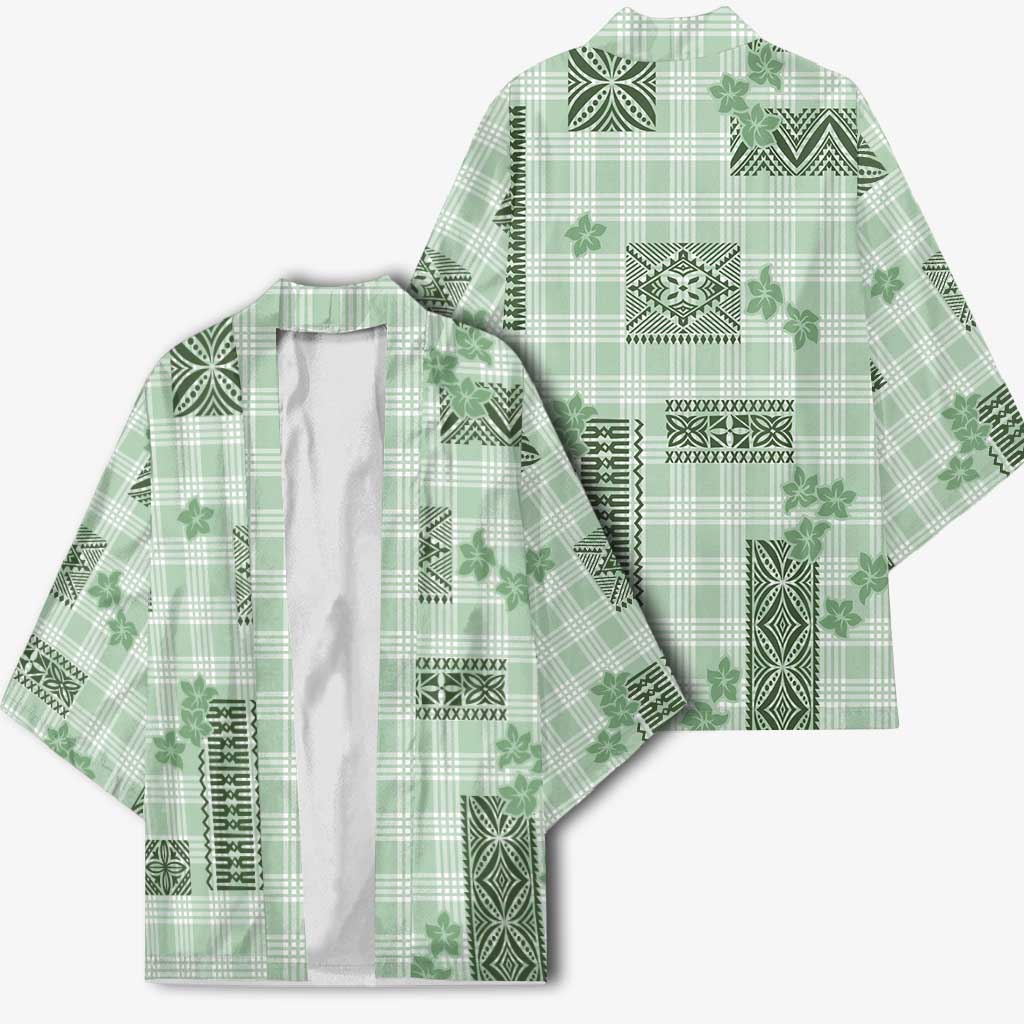 Hawaiian Quilt Tapa On Pastel Mint Palaka Motifs Kimono LT7 - Polynesian Pride