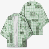 Hawaiian Quilt Tapa On Pastel Mint Palaka Motifs Kimono LT7 - Polynesian Pride