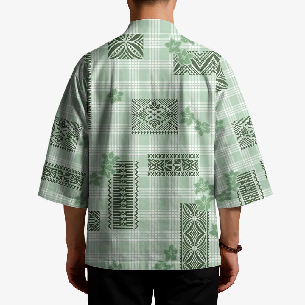 Hawaiian Quilt Tapa On Pastel Mint Palaka Motifs Kimono LT7 - Polynesian Pride