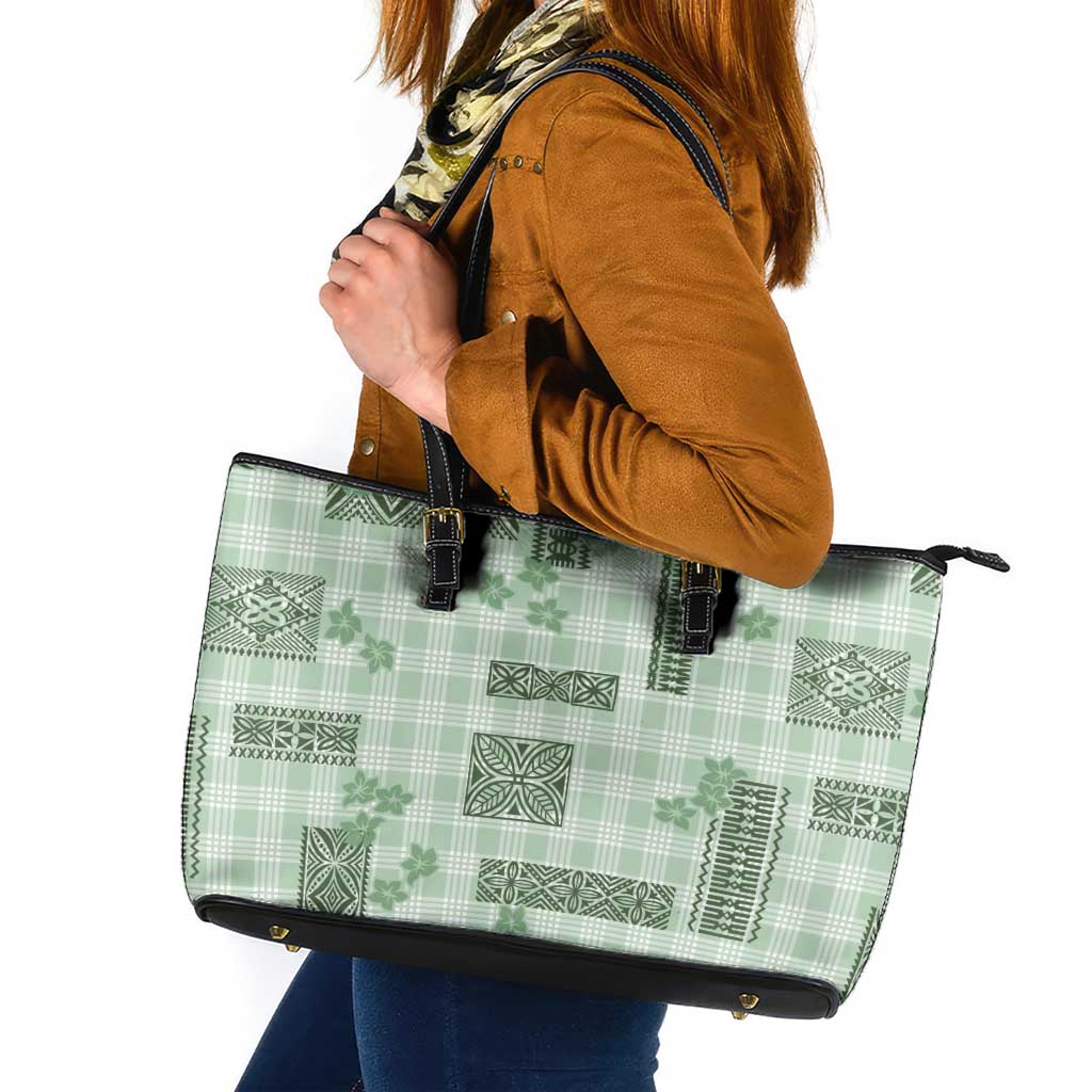 Hawaiian Quilt Tapa On Pastel Mint Palaka Motifs Leather Tote Bag LT7 Mint - Polynesian Pride