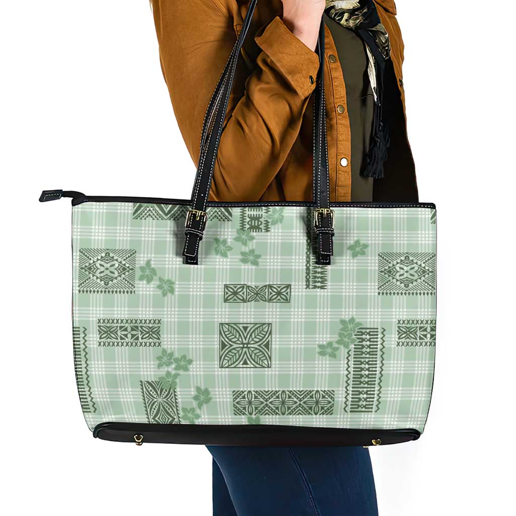 Hawaiian Quilt Tapa On Pastel Mint Palaka Motifs Leather Tote Bag LT7 - Polynesian Pride