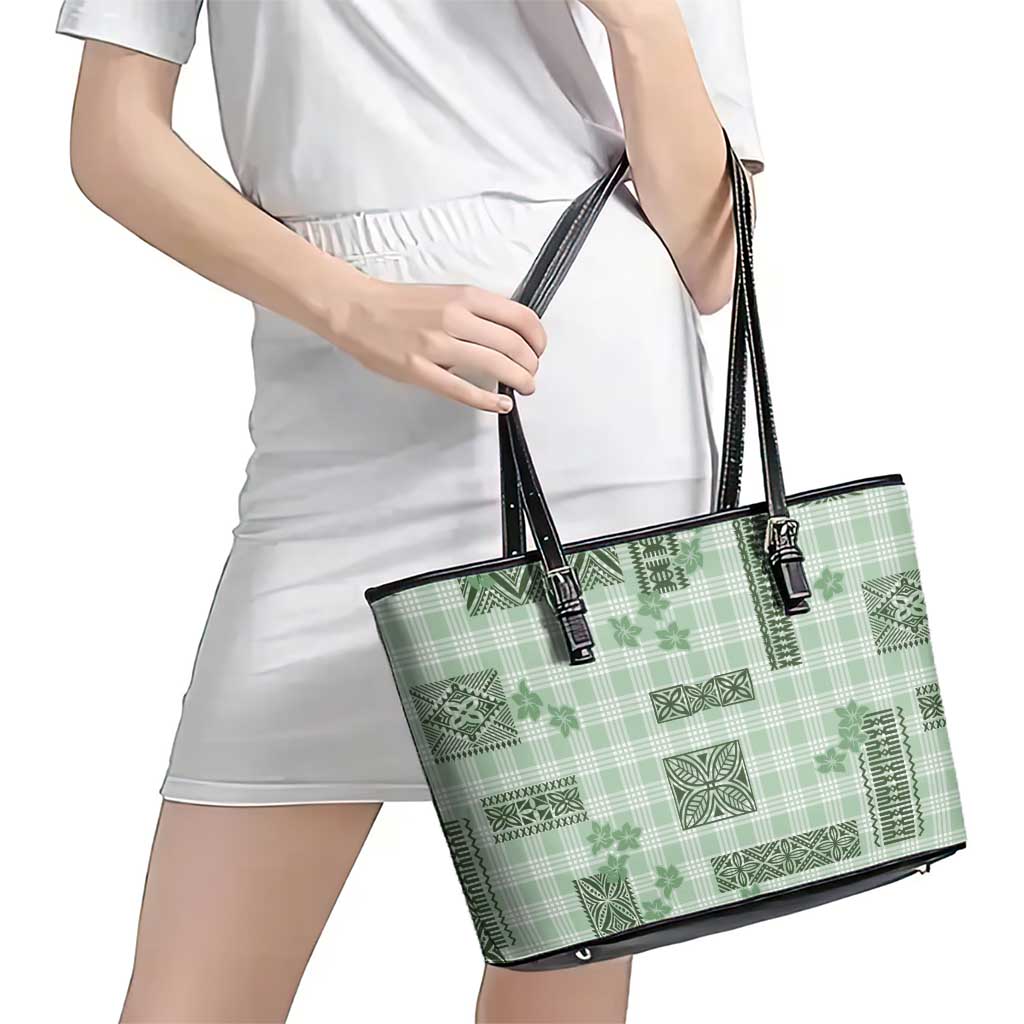 Hawaiian Quilt Tapa On Pastel Mint Palaka Motifs Leather Tote Bag LT7 - Polynesian Pride