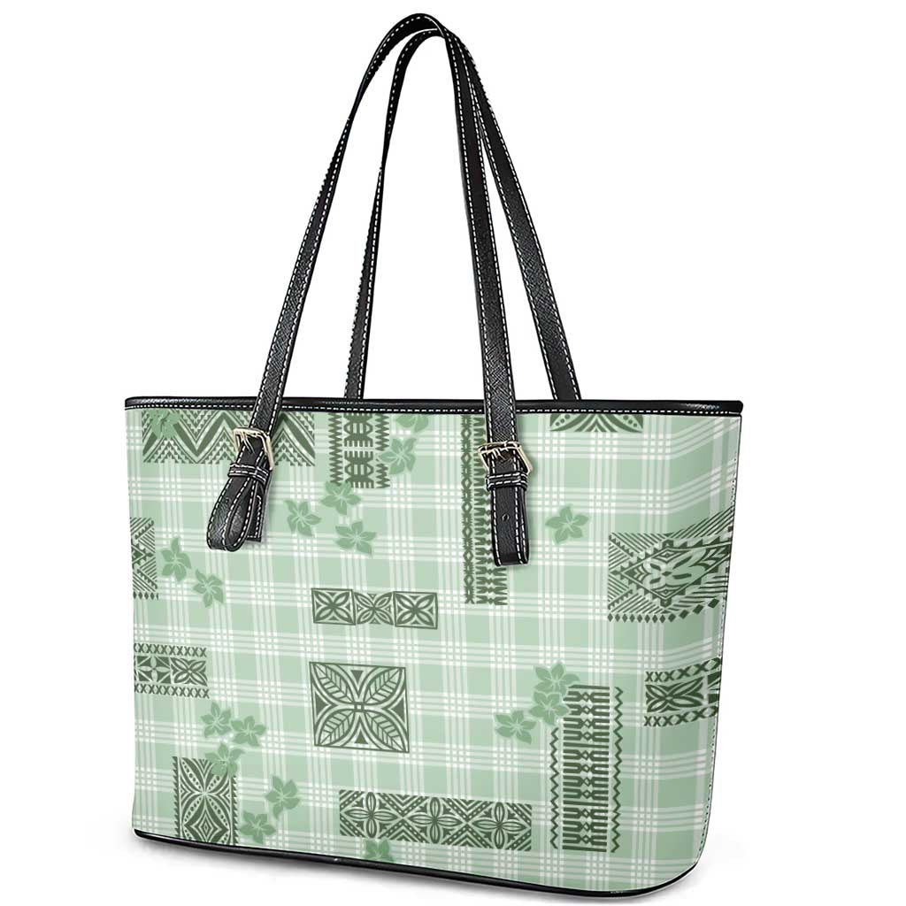 Hawaiian Quilt Tapa On Pastel Mint Palaka Motifs Leather Tote Bag LT7 - Polynesian Pride