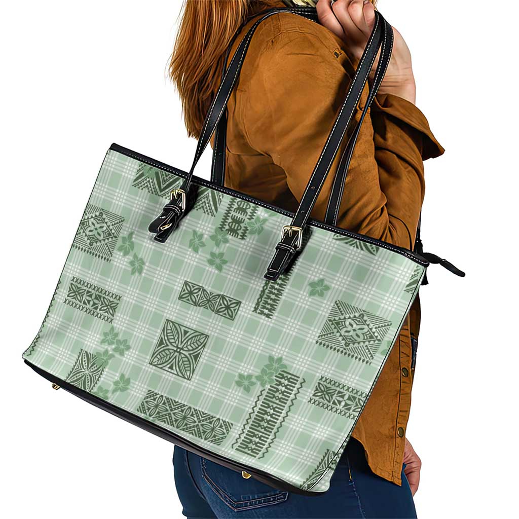 Hawaiian Quilt Tapa On Pastel Mint Palaka Motifs Leather Tote Bag LT7 - Polynesian Pride