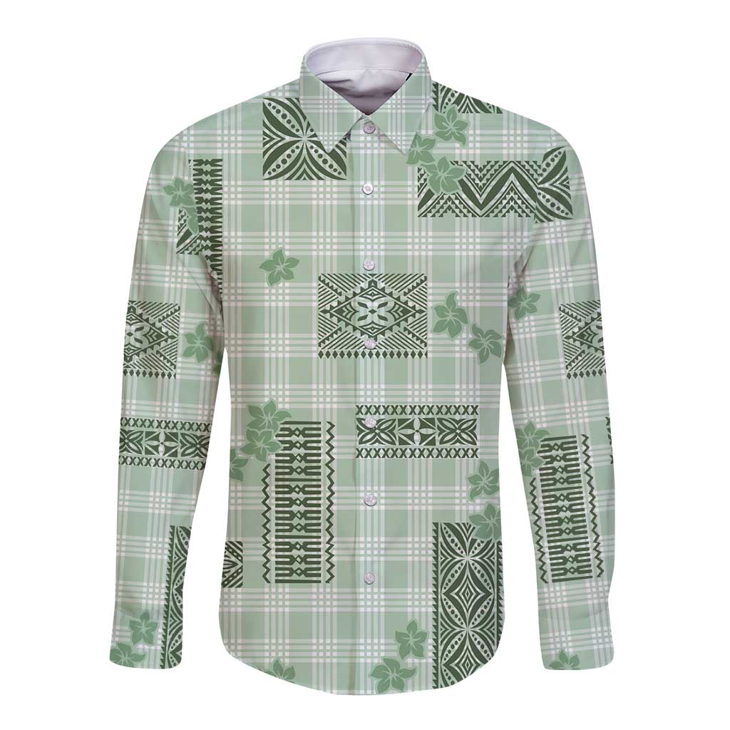 Hawaiian Quilt Tapa On Pastel Mint Palaka Motifs Long Sleeve Button Shirt