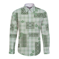 Hawaiian Quilt Tapa On Pastel Mint Palaka Motifs Long Sleeve Button Shirt