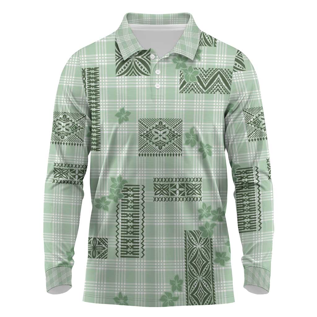 Hawaiian Quilt Tapa On Pastel Mint Palaka Motifs Long Sleeve Polo Shirt