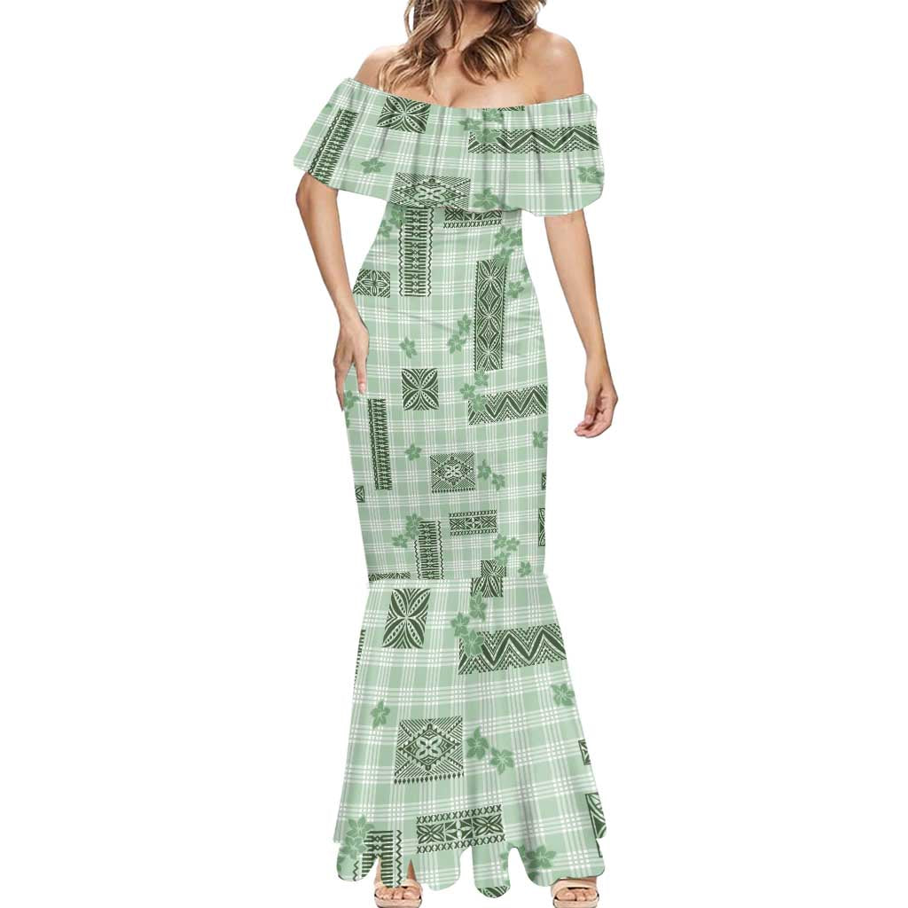 Hawaiian Quilt Tapa On Pastel Mint Palaka Motifs Mermaid Dress LT7 - Polynesian Pride