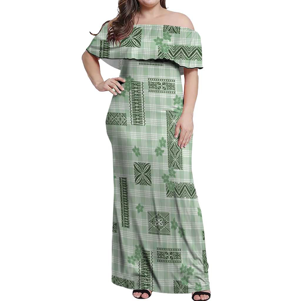 Hawaiian Quilt Tapa On Pastel Mint Palaka Motifs Off Shoulder Maxi Dress LT7 Women Mint - Polynesian Pride