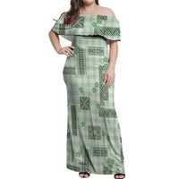 Hawaiian Quilt Tapa On Pastel Mint Palaka Motifs Off Shoulder Maxi Dress LT7 Women Mint - Polynesian Pride
