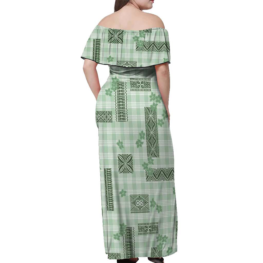 Hawaiian Quilt Tapa On Pastel Mint Palaka Motifs Off Shoulder Maxi Dress LT7 - Polynesian Pride