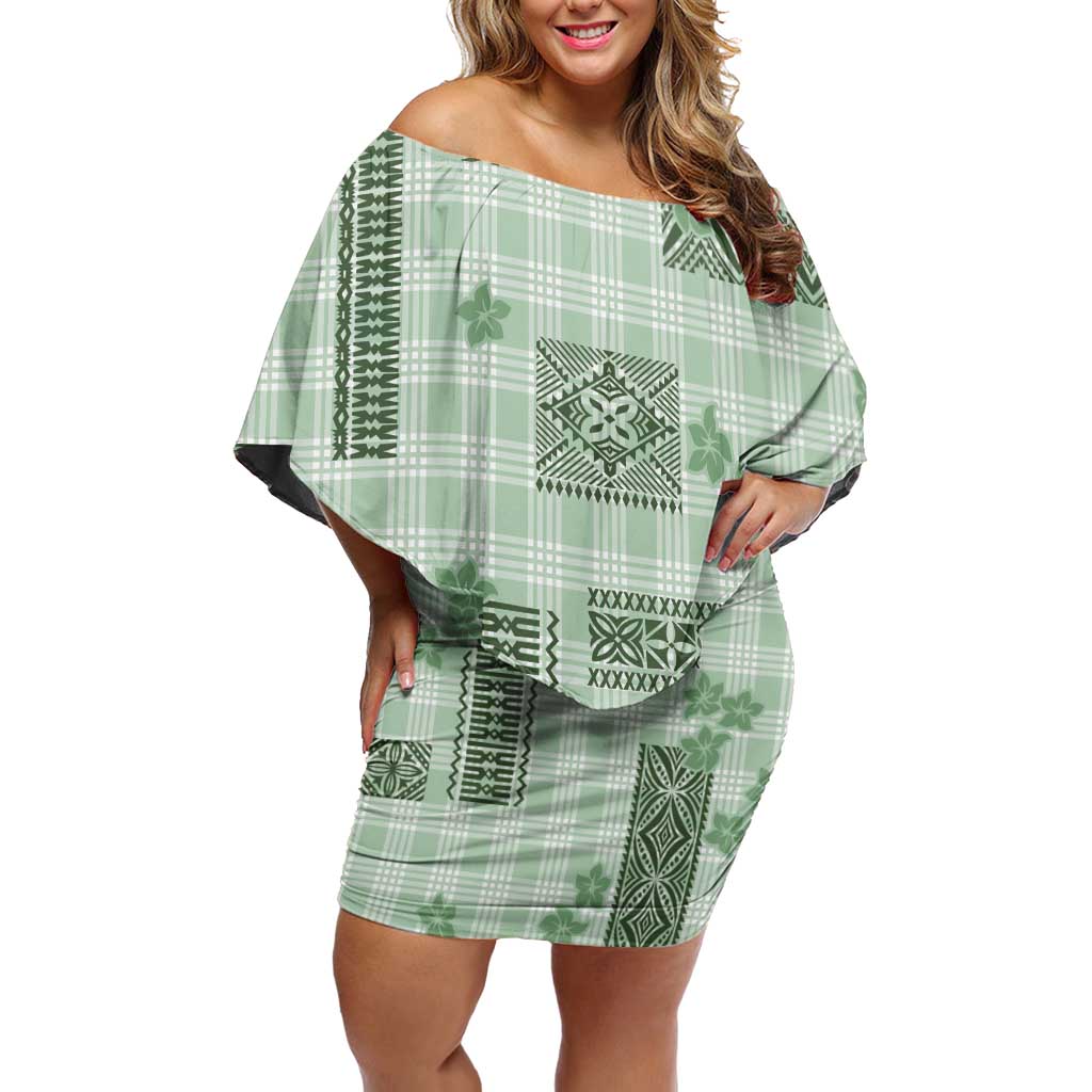 Hawaiian Quilt Tapa On Pastel Mint Palaka Motifs Off Shoulder Short Dress LT7 Women Mint - Polynesian Pride