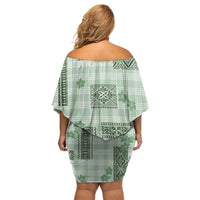 Hawaiian Quilt Tapa On Pastel Mint Palaka Motifs Off Shoulder Short Dress LT7 - Polynesian Pride