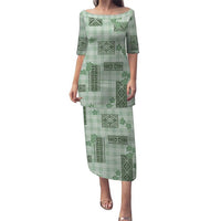 Hawaiian Quilt Tapa On Pastel Mint Palaka Motifs Puletasi LT7 Long Dress Mint - Polynesian Pride