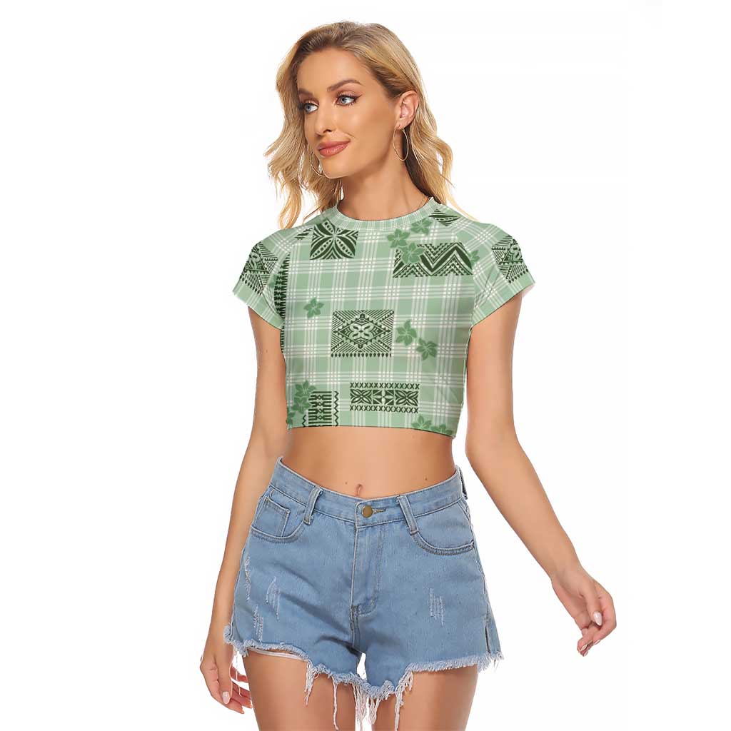 Hawaiian Quilt Tapa On Pastel Mint Palaka Motifs Raglan Cropped T Shirt LT7 Female Mint - Polynesian Pride