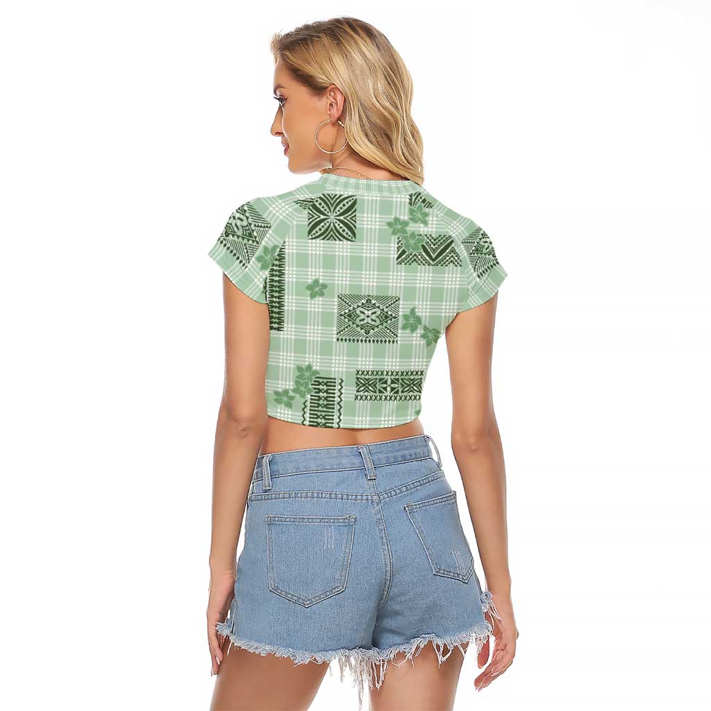 Hawaiian Quilt Tapa On Pastel Mint Palaka Motifs Raglan Cropped T Shirt LT7 - Polynesian Pride