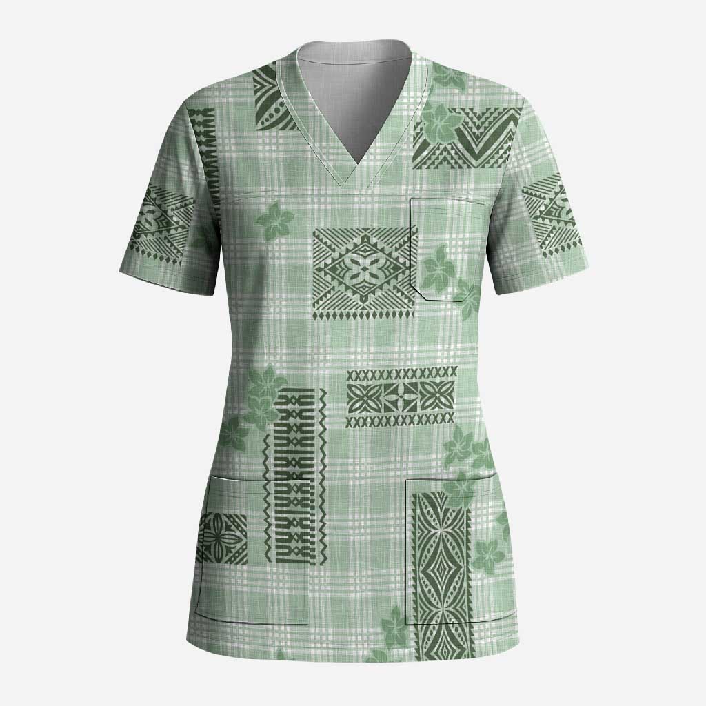 Hawaiian Quilt Tapa On Pastel Mint Palaka Motifs Scrub Top LT7 Adult Mint - Polynesian Pride