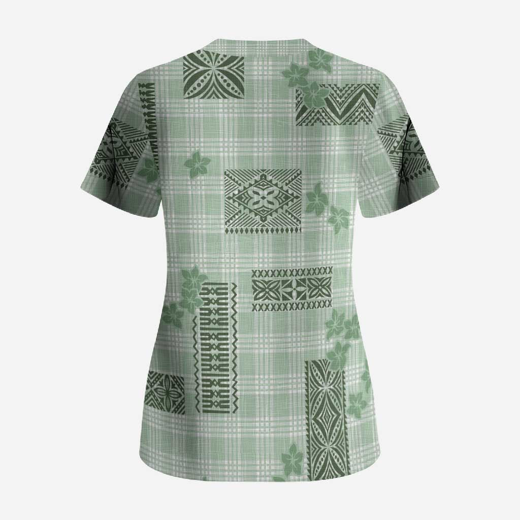 Hawaiian Quilt Tapa On Pastel Mint Palaka Motifs Scrub Top LT7 - Polynesian Pride