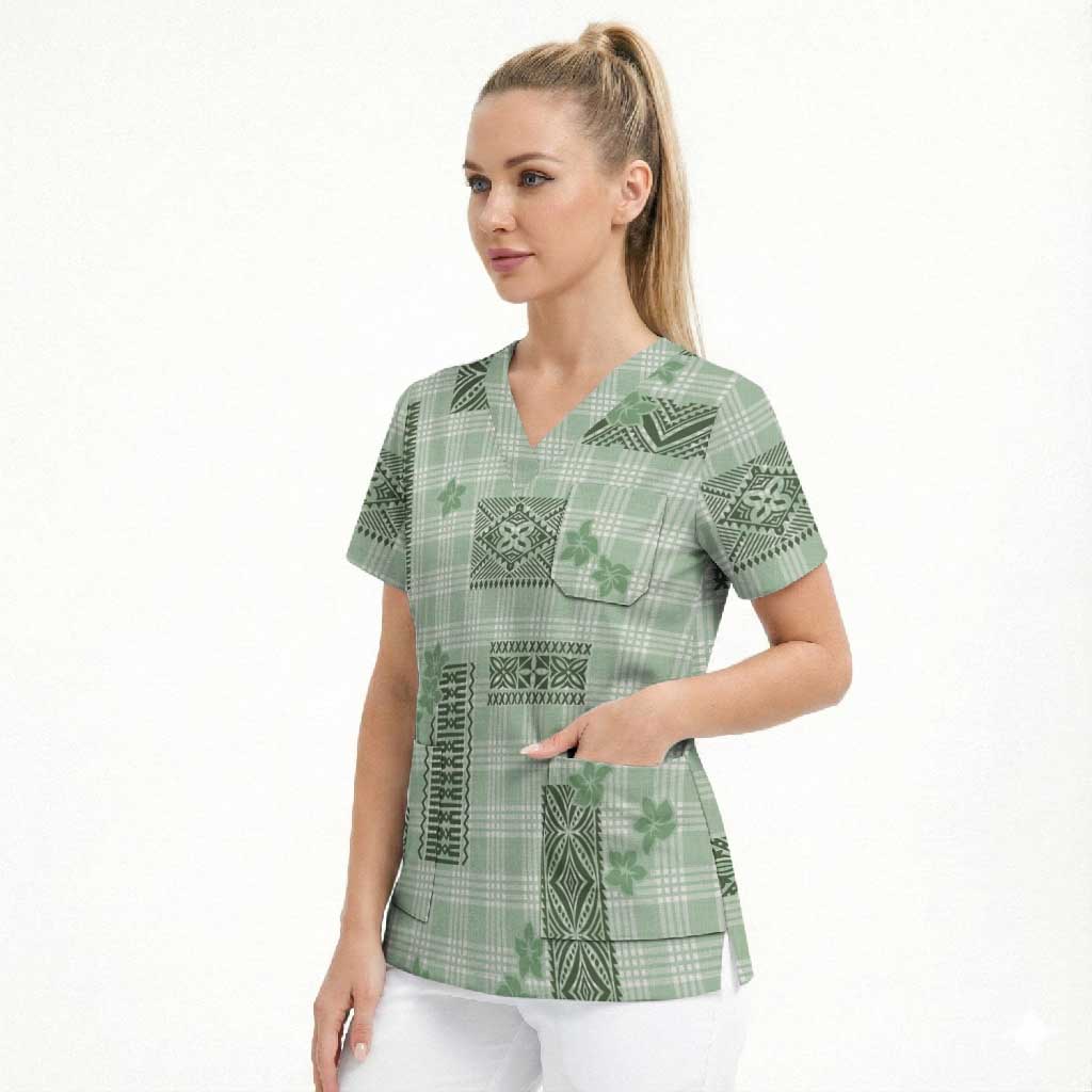 Hawaiian Quilt Tapa On Pastel Mint Palaka Motifs Scrub Top LT7 - Polynesian Pride