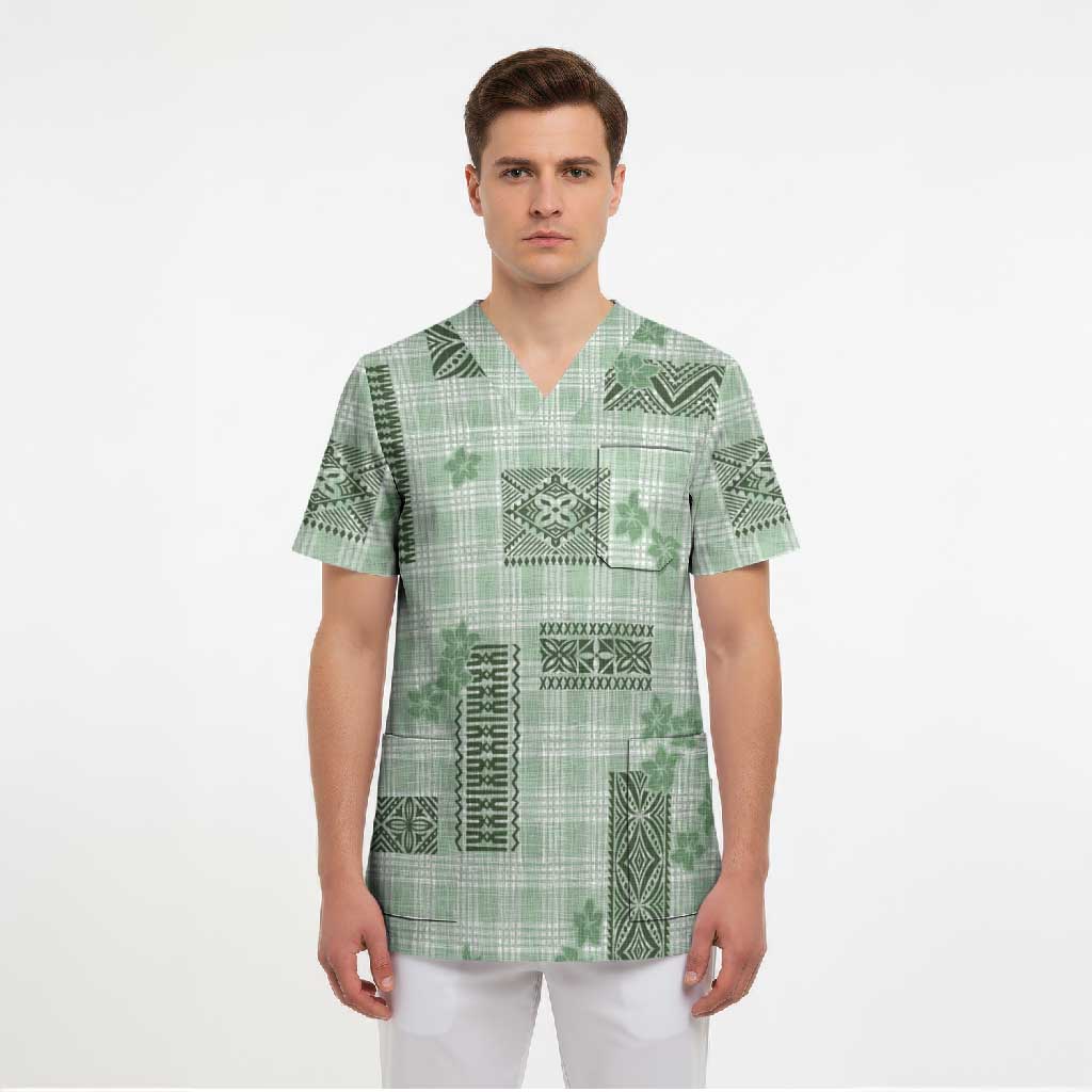 Hawaiian Quilt Tapa On Pastel Mint Palaka Motifs Scrub Top LT7 - Polynesian Pride