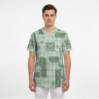 Hawaiian Quilt Tapa On Pastel Mint Palaka Motifs Scrub Top LT7 - Polynesian Pride