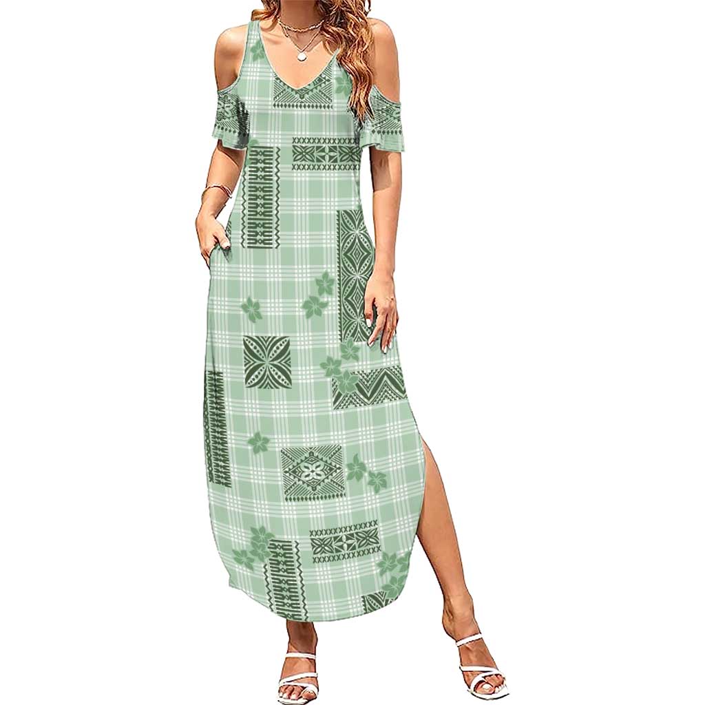 Hawaiian Quilt Tapa On Pastel Mint Palaka Motifs Summer Maxi Dress LT7 Women Mint - Polynesian Pride
