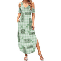 Hawaiian Quilt Tapa On Pastel Mint Palaka Motifs Summer Maxi Dress LT7 Women Mint - Polynesian Pride
