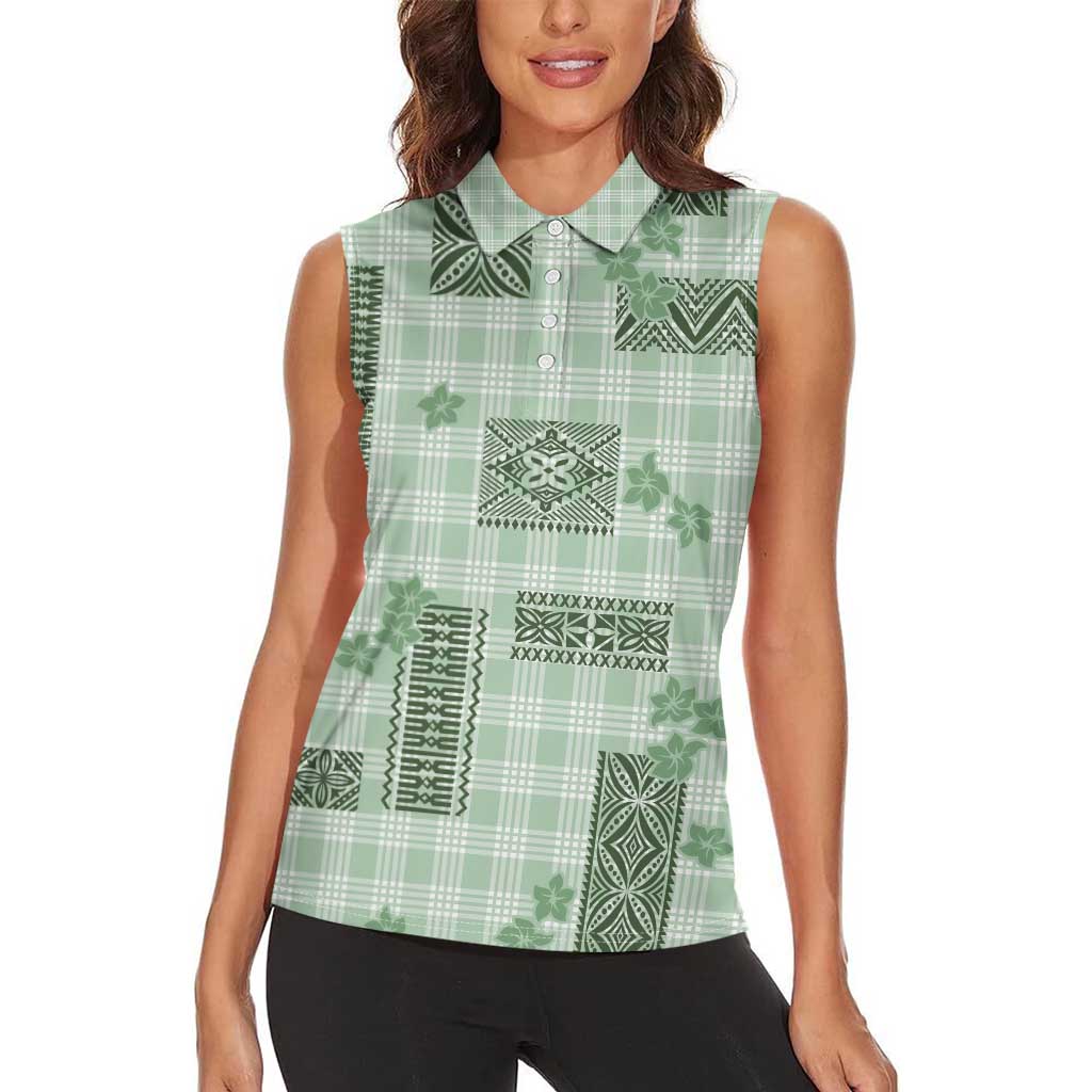 Hawaiian Quilt Tapa On Pastel Mint Palaka Motifs Women Sleeveless Polo Shirt