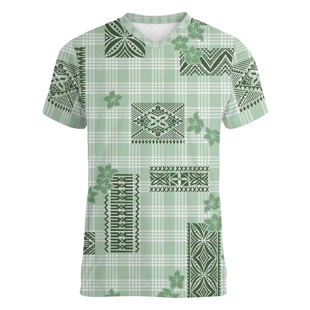 Hawaiian Quilt Tapa On Pastel Mint Palaka Motifs Women V-Neck T-Shirt LT7 Female Mint - Polynesian Pride