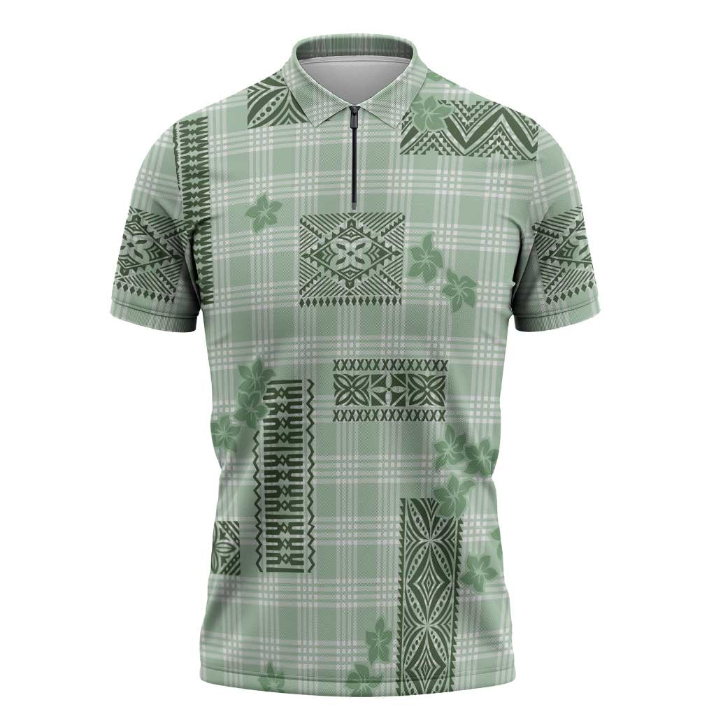 Hawaiian Quilt Tapa On Pastel Mint Palaka Motifs Zipper Polo Shirt LT7 Mint - Polynesian Pride