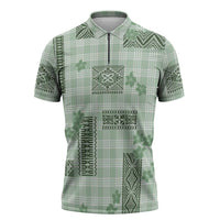 Hawaiian Quilt Tapa On Pastel Mint Palaka Motifs Zipper Polo Shirt LT7 Mint - Polynesian Pride