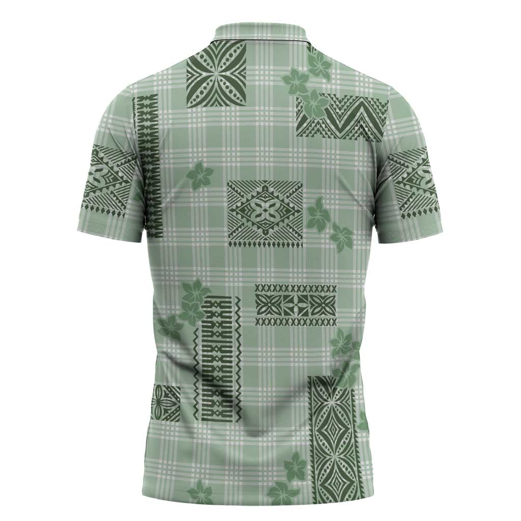Hawaiian Quilt Tapa On Pastel Mint Palaka Motifs Zipper Polo Shirt LT7 - Polynesian Pride
