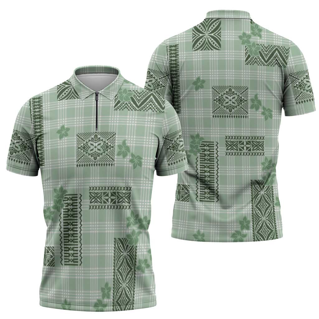 Hawaiian Quilt Tapa On Pastel Mint Palaka Motifs Zipper Polo Shirt LT7 - Polynesian Pride
