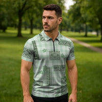 Hawaiian Quilt Tapa On Pastel Mint Palaka Motifs Zipper Polo Shirt LT7 - Polynesian Pride