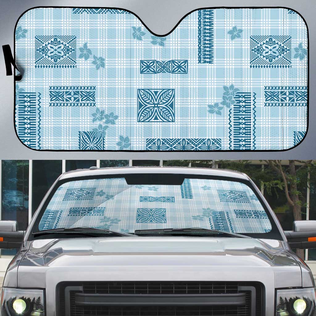 Hawaiian Quilt Tapa On Cold Blue Palaka Motifs Auto Sun Shade LT7 Azure - Polynesian Pride