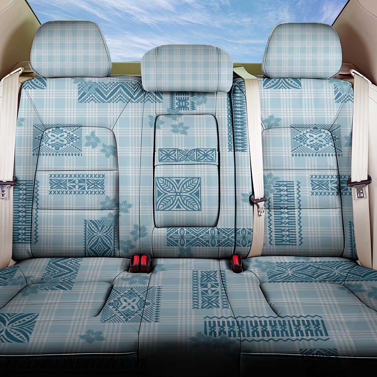 Hawaiian Quilt Tapa On Cold Blue Palaka Motifs Back Car Seat Cover LT7 One Size Azure - Polynesian Pride