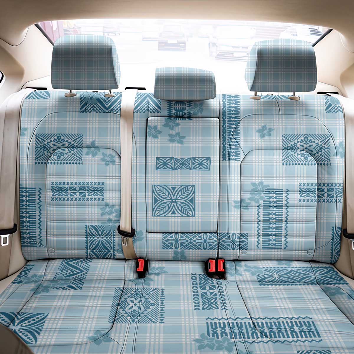 Hawaiian Quilt Tapa On Cold Blue Palaka Motifs Back Car Seat Cover LT7 - Polynesian Pride