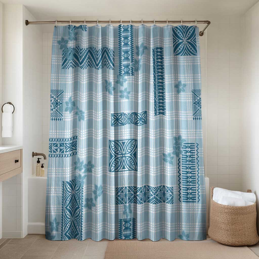 Hawaiian Quilt Tapa On Cold Blue Palaka Motifs Bathroom Set LT7 Shower Curtain Only Azure - Polynesian Pride