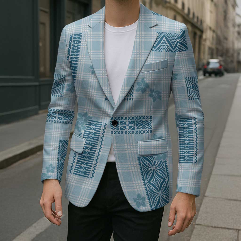 Hawaiian Quilt Tapa On Cold Blue Palaka Motifs Blazer LT7 - Polynesian Pride