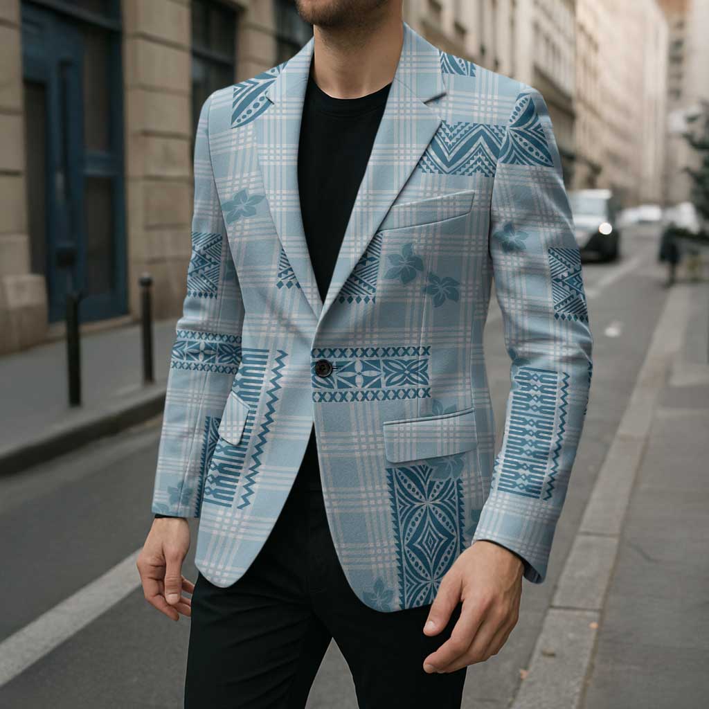 Hawaiian Quilt Tapa On Cold Blue Palaka Motifs Blazer LT7 - Polynesian Pride