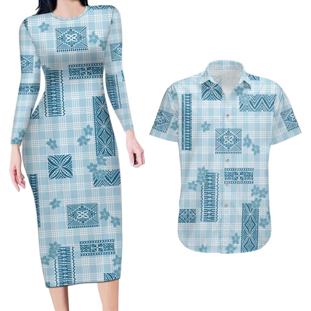 Hawaiian Quilt Tapa On Cold Blue Palaka Motifs Couples Matching Long Sleeve Bodycon Dress and Hawaiian Shirt