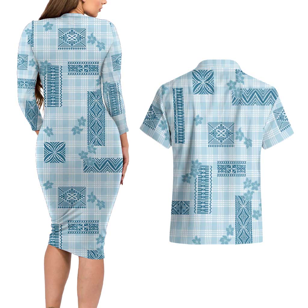 Hawaiian Quilt Tapa On Cold Blue Palaka Motifs Couples Matching Long Sleeve Bodycon Dress and Hawaiian Shirt