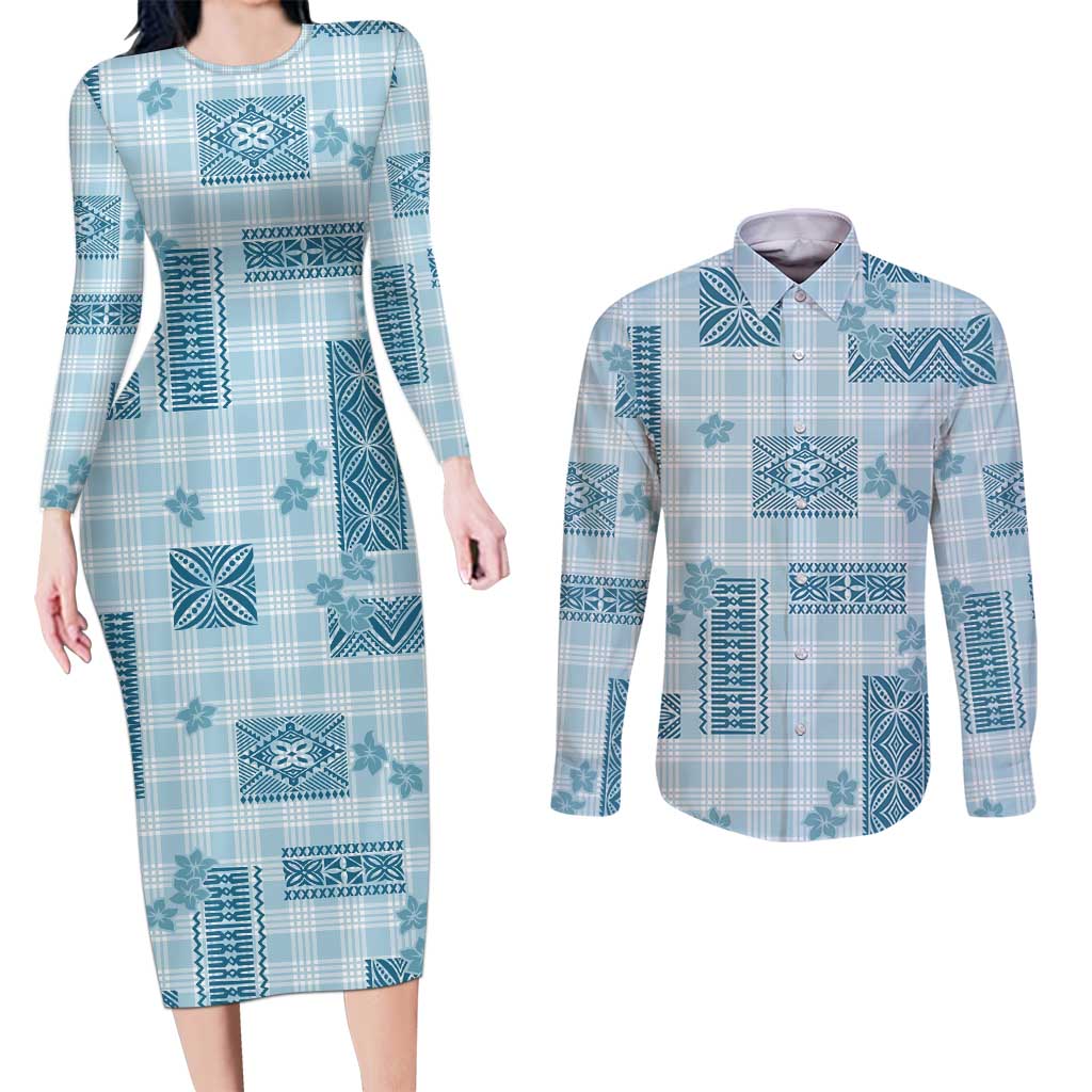 Hawaiian Quilt Tapa On Cold Blue Palaka Motifs Couples Matching Long Sleeve Bodycon Dress and Long Sleeve Button Shirt LT7 Azure - Polynesian Pride