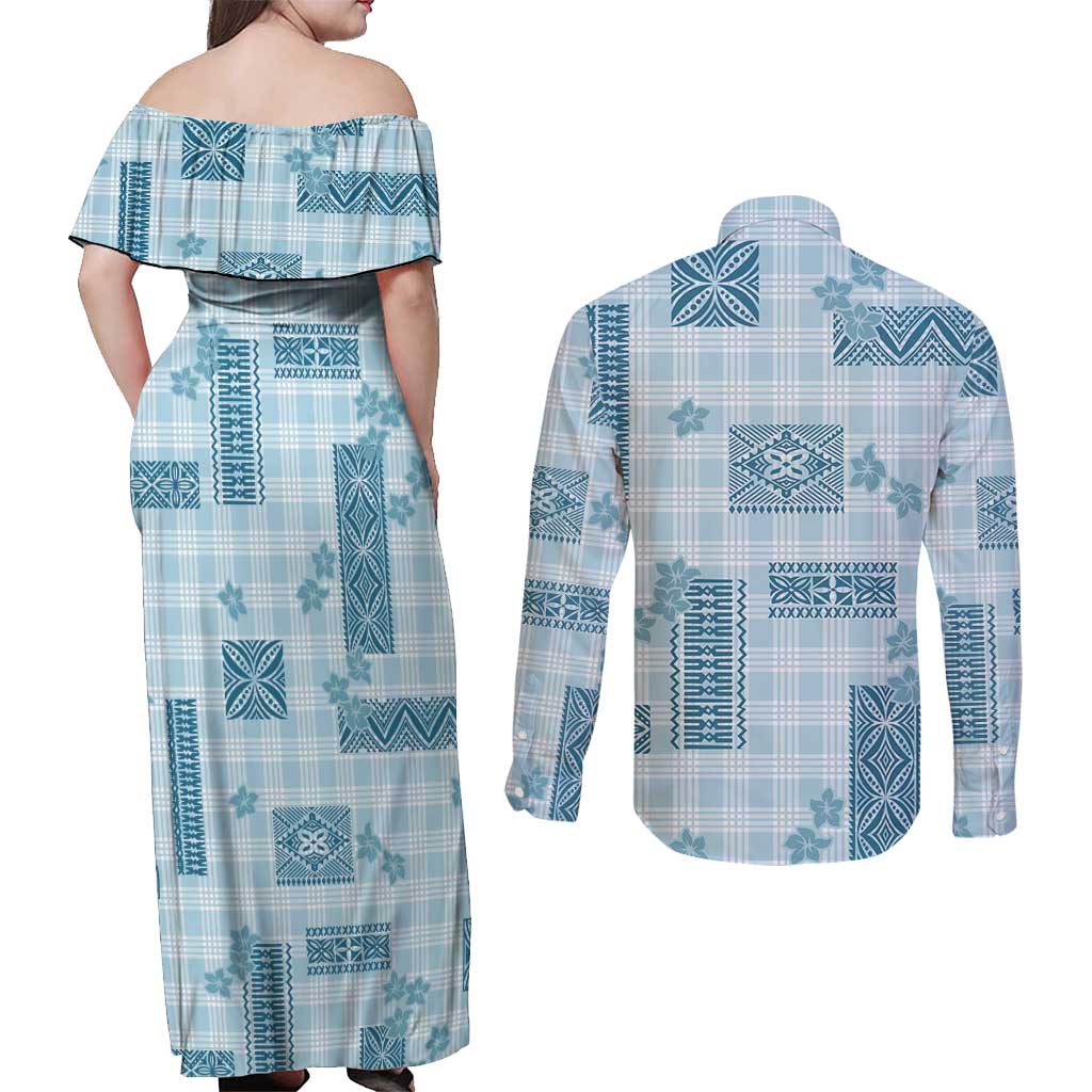 Hawaiian Quilt Tapa On Cold Blue Palaka Motifs Couples Matching Off Shoulder Maxi Dress and Long Sleeve Button Shirt LT7 - Polynesian Pride